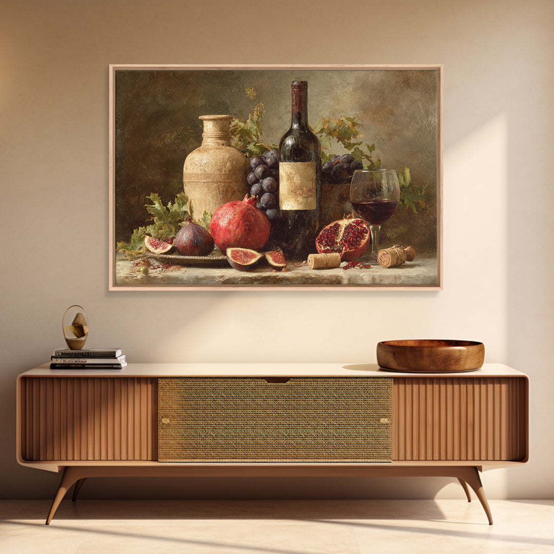 Pomegranate Figs and Red Wine Composition Framed Canvas Print, Winery Art, Gallery Decor, Winery Decor, Fine Art, Vineyard, WIN-3x2-69