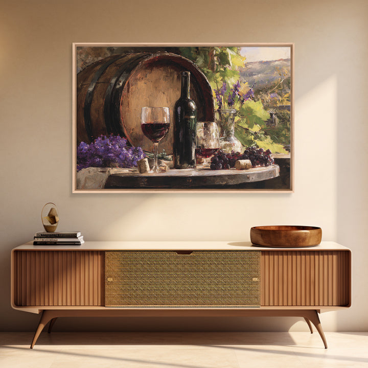 Wine Barrel with Lavender and Sunlight Framed Canvas Print, Winery Art, Travel Poster, Winery Decor, Oil Painting, Vineyard, WIN-3x2-82