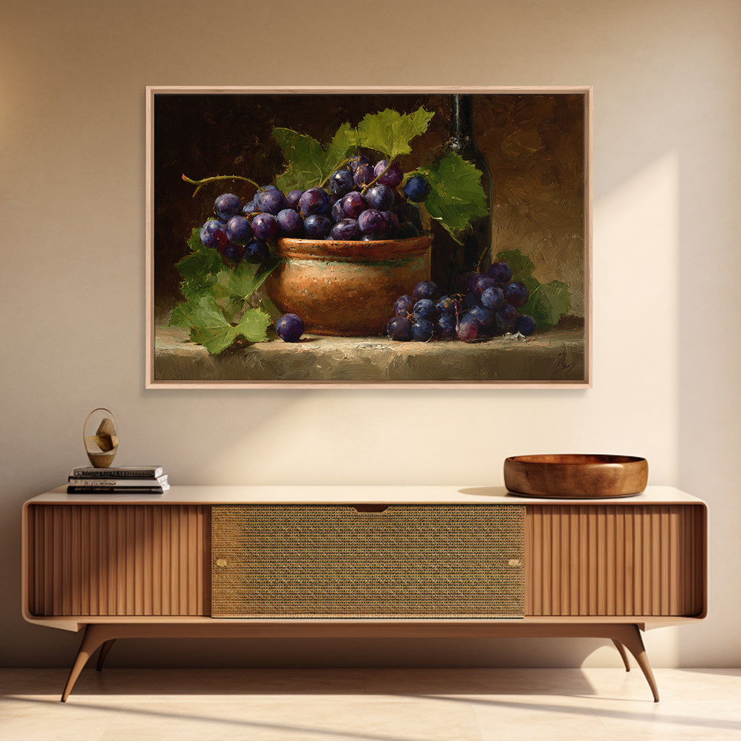 Grapes in a Ceramic Bowl with Shadows Framed Canvas Print, Winery Art, Statement Artwork, Winery Decor, Fine Art, Vineyard, WIN-3x2-85