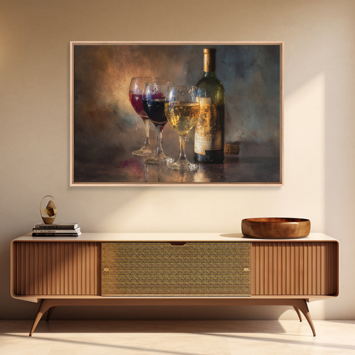 Wine Tasting Flight Rendered as Elegant Still Framed Canvas Print, Winery Art, Gallery Wall Art, Winery Decor, Vineyard, WIN-3x2-86