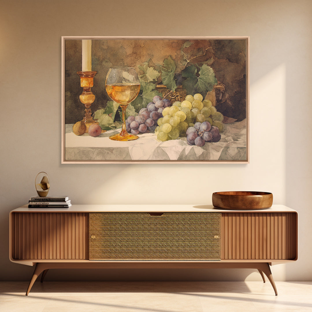 Champagne Grapes and White Linen Still Life Framed Canvas Print, Winery Art, Preppy Wall Art, Winery Decor, Fine Art, Vineyard, WIN-3x2-9