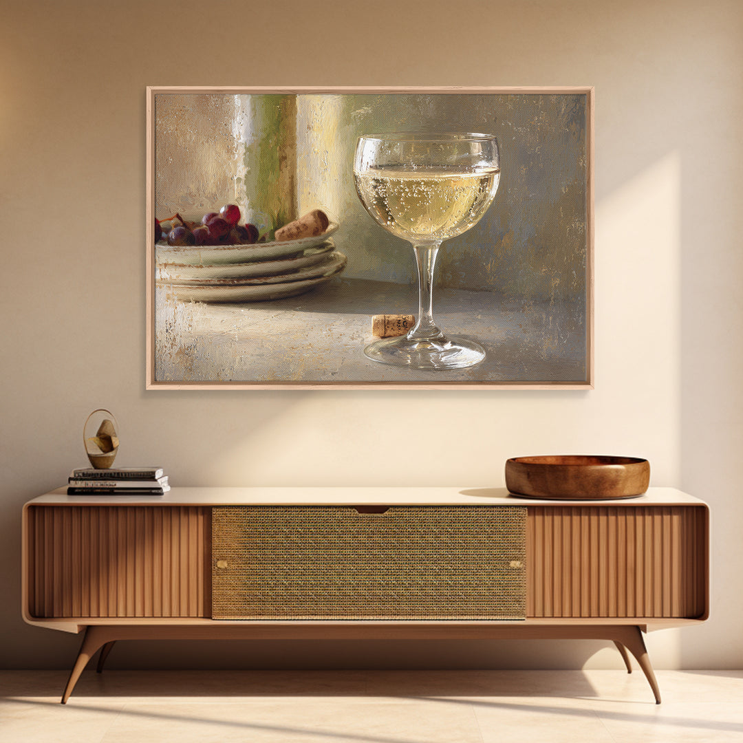 Champagne Coupe with Bubbles and Light Framed Canvas Print, Winery Art, Wall Hanging, Winery Decor, Fine Art, Vineyard, WIN-3x2-95