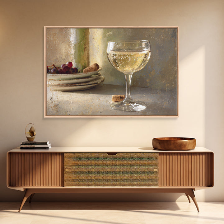 Champagne Coupe with Bubbles and Light Framed Canvas Print, Winery Art, Wall Hanging, Winery Decor, Fine Art, Vineyard, WIN-3x2-95