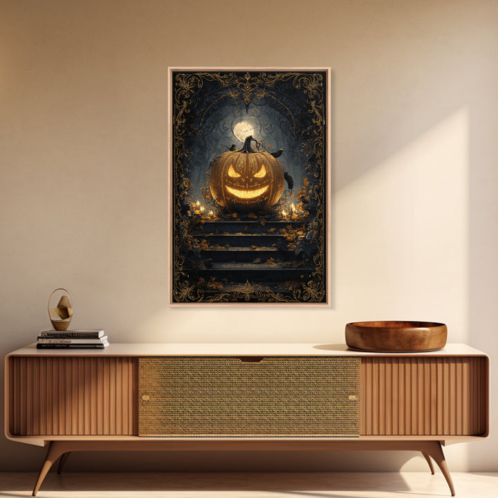 The Gold-Crowned Pumpkin Oracle - Icon Portrait, Occult Wall Decor, Vertical Wall Art, Canvas Print, Halloween Home Decor, Gothic Wall Art