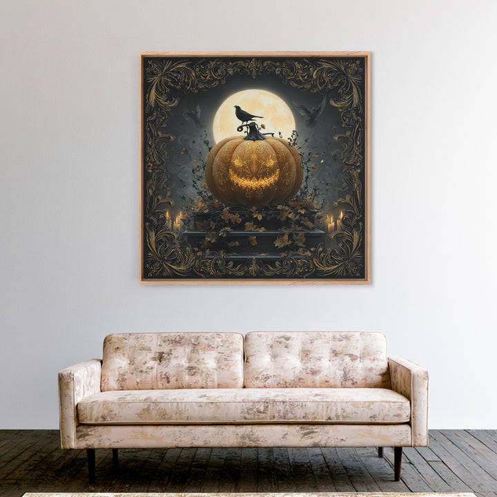 The Gold-Crowned Pumpkin Oracle - Icon Portrait, Spooky Wall Decor, Square Wall Art, Framed Canvas Print, Halloween Home Decor