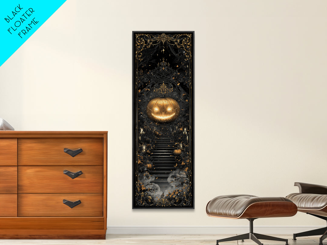 The Gold-Crowned Pumpkin Oracle - Icon Portrait, Spooky Wall Decor, Tall Narrow Wall Art, Framed Canvas Print, Halloween Home Decor