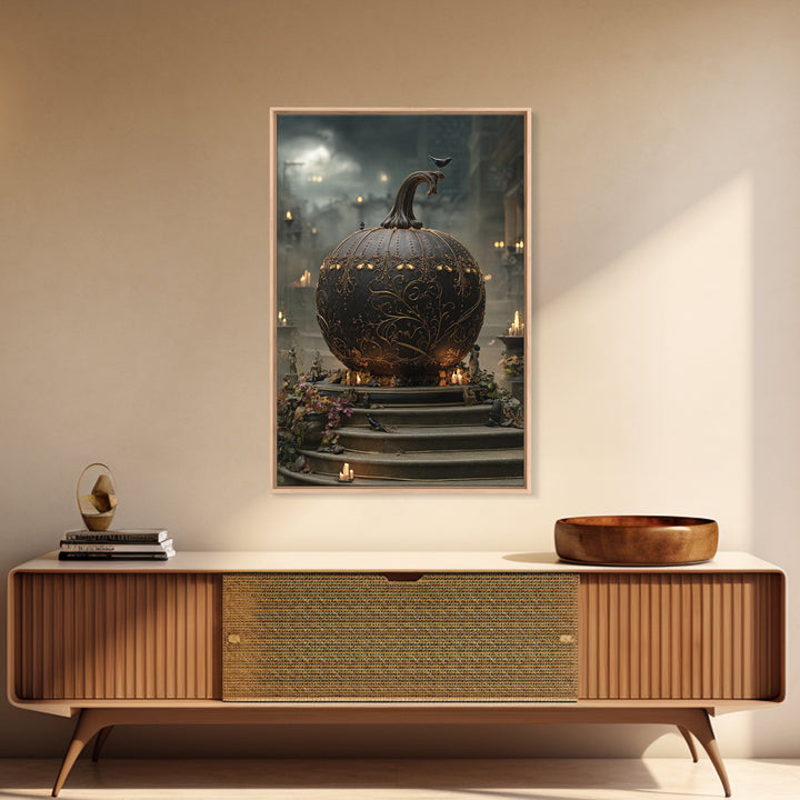 The Gold-Crowned Pumpkin Oracle - Environmental Panorama, Macabre Halloween Art, Vertical Wall Art, Framed Canvas Print, Gothic Wall Art