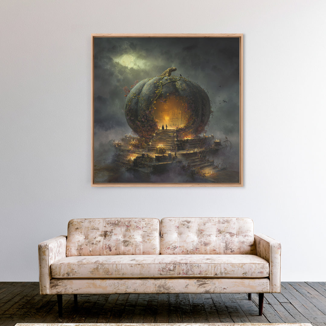 The Gold-Crowned Pumpkin Oracle - Environmental Panorama, Halloween Wall Art, Square Wall Art, Framed Canvas Print, Halloween Home Decor