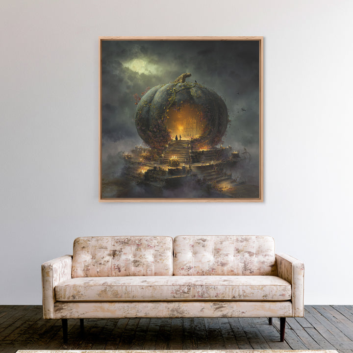 The Gold-Crowned Pumpkin Oracle - Environmental Panorama, Halloween Wall Art, Square Wall Art, Framed Canvas Print, Halloween Home Decor