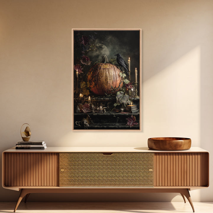 The Gold-Crowned Pumpkin Oracle - Occult Still Life, Macabre Halloween Art, Vertical Wall Art, Framed Canvas Print, Halloween Home Decor