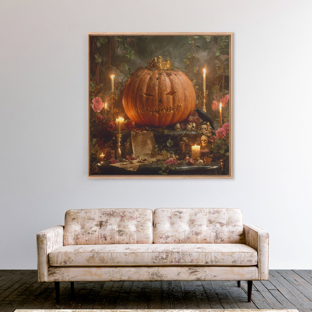 The Gold-Crowned Pumpkin Oracle - Occult Still Life, Gothic Home Decor, Square Wall Art, Canvas Print, Halloween Home Decor, Gothic Wall Art