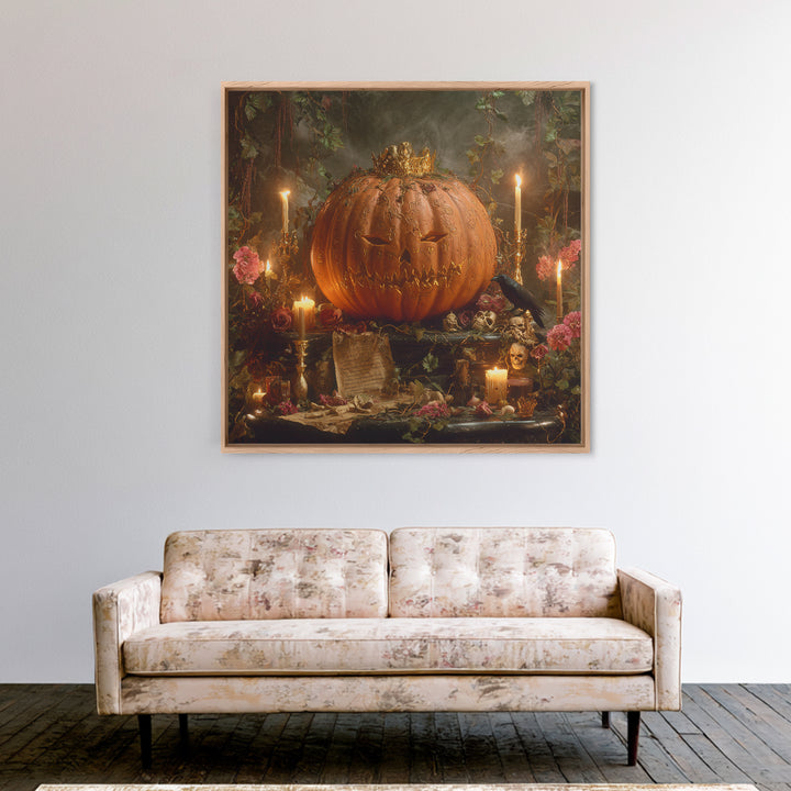 The Gold-Crowned Pumpkin Oracle - Occult Still Life, Gothic Home Decor, Square Wall Art, Canvas Print, Halloween Home Decor, Gothic Wall Art