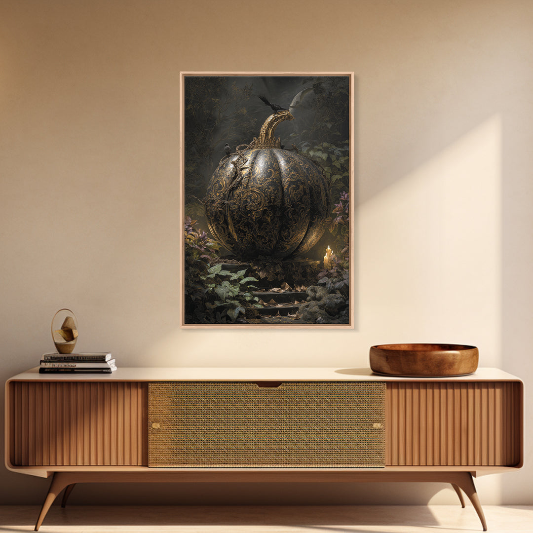 The Gold-Crowned Pumpkin Oracle - Procession Scene, Halloween Wall Art, Vertical Wall Art, Framed Canvas Print, Halloween Home Decor