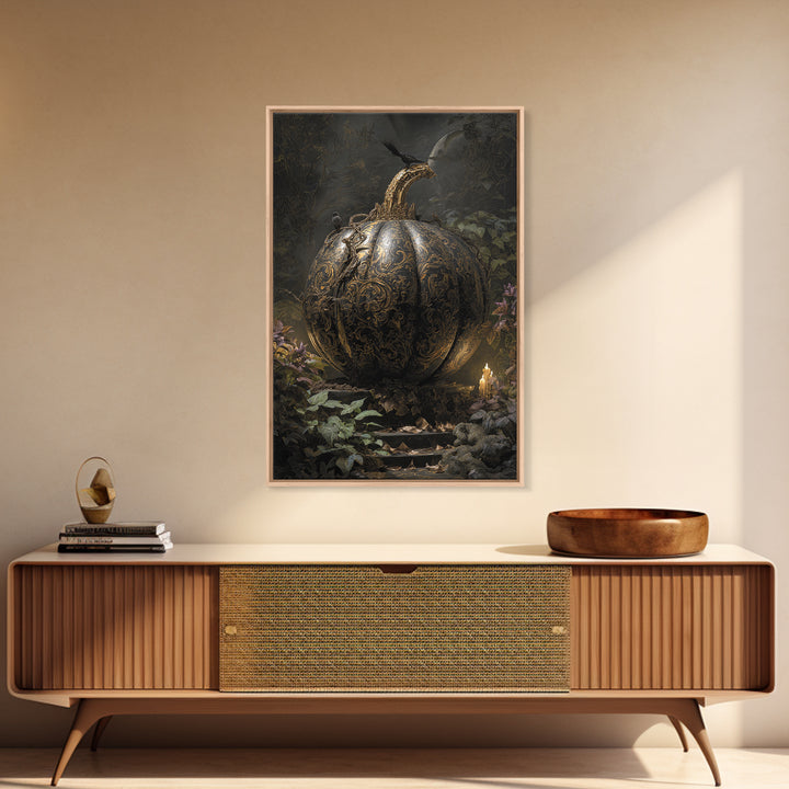 The Gold-Crowned Pumpkin Oracle - Procession Scene, Halloween Wall Art, Vertical Wall Art, Framed Canvas Print, Halloween Home Decor