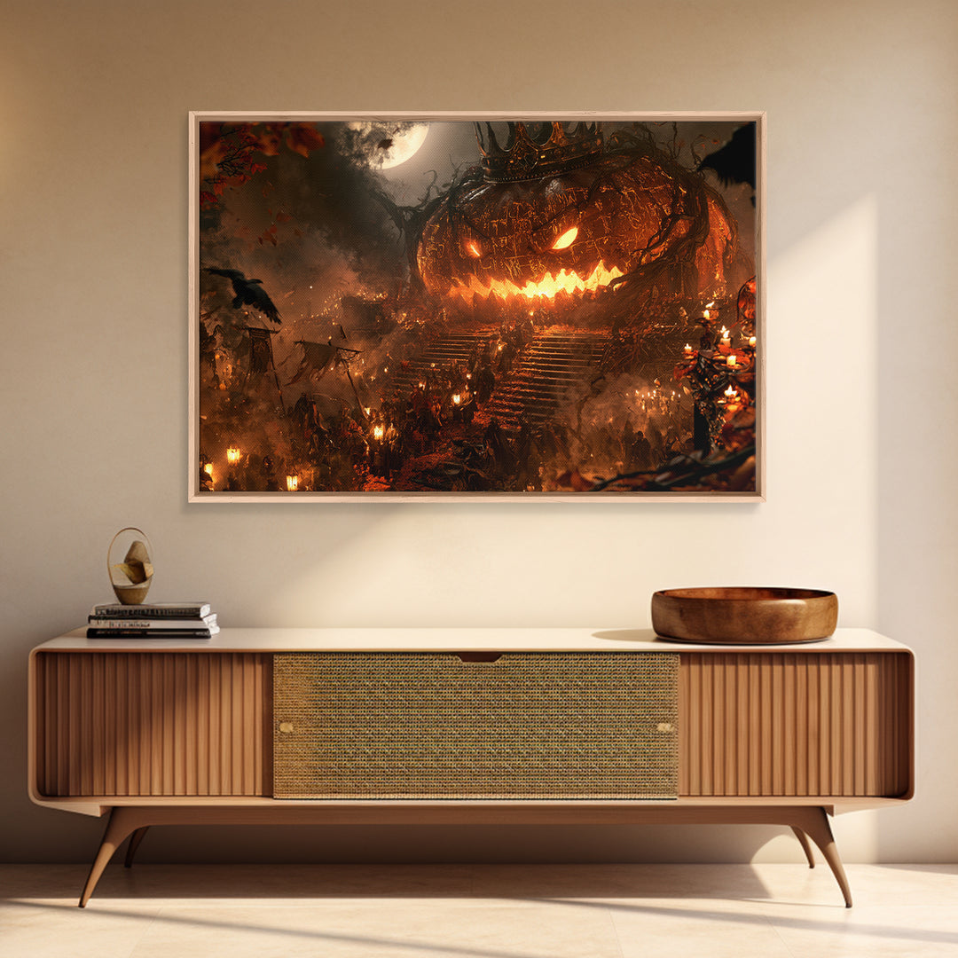 The Gold-Crowned Pumpkin Oracle - Procession Scene, Spooky Wall Decor, Landscape Wall Art, Framed Canvas Print, Halloween Home Decor