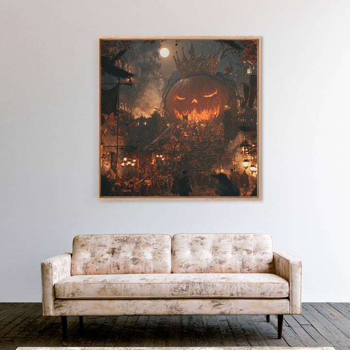 The Gold-Crowned Pumpkin Oracle - Procession Scene, Dark Fantasy Wall Art, Square Wall Art, Canvas Print, Halloween Home Decor