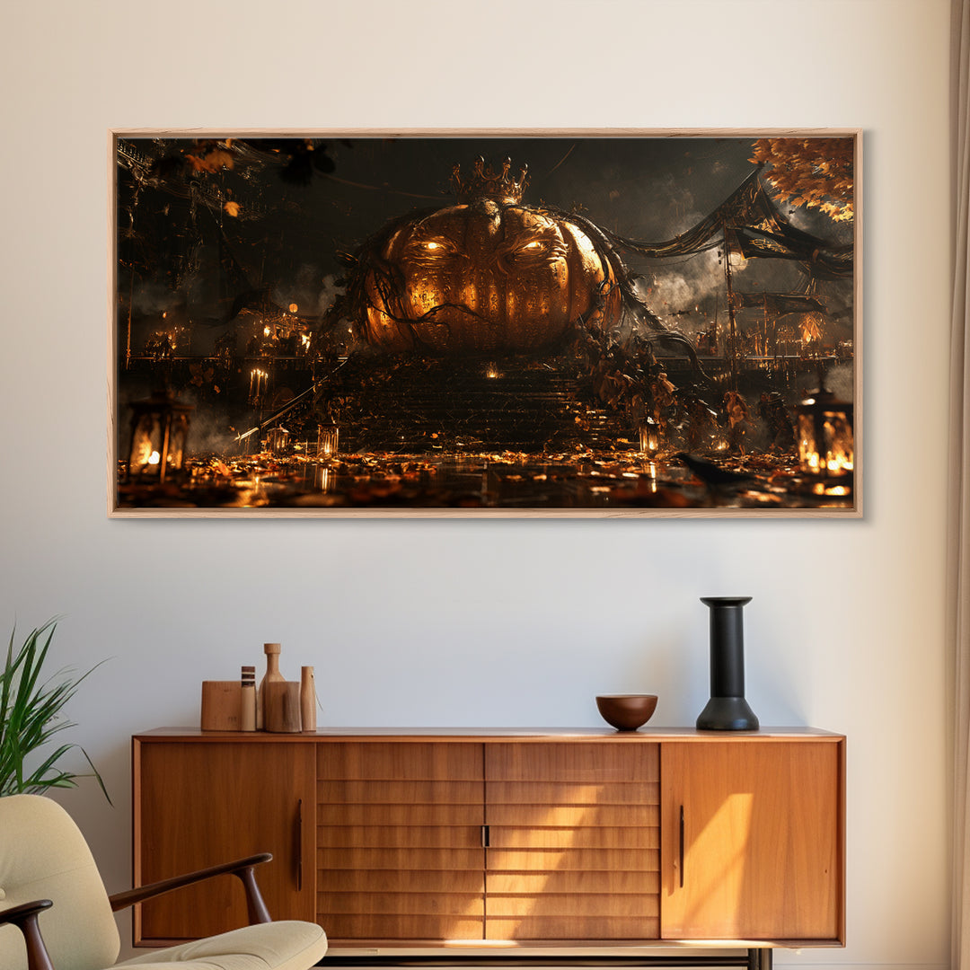 The Gold-Crowned Pumpkin Oracle - Procession Scene, Halloween Wall Art, Wide Panoramic Art, Framed Canvas Print, Halloween Home Decor