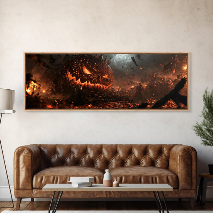The Gold-Crowned Pumpkin Oracle - Procession Scene, Macabre Halloween Art, Extra Wide Wall Art, Framed Canvas Print, Halloween Home Decor