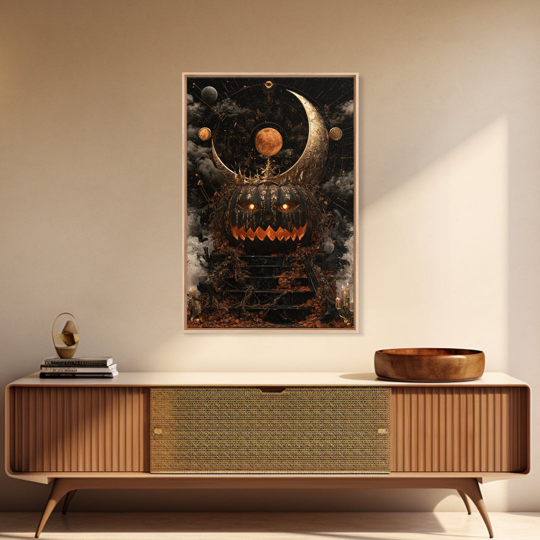 The Gold-Crowned Pumpkin Oracle - Surreal Celestial Vision, Spooky Wall Decor, Vertical Wall Art, Framed Canvas Print, Halloween Home Decor