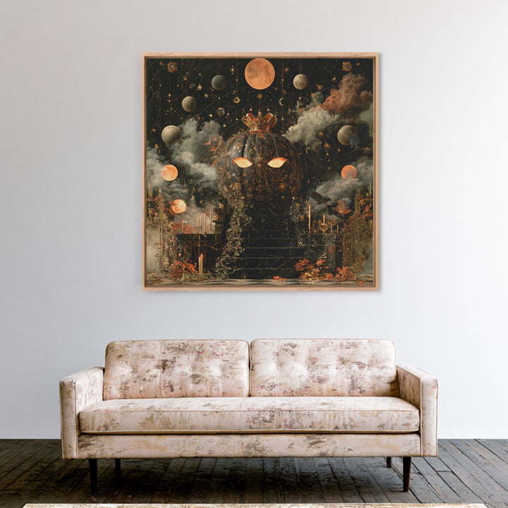 The Gold-Crowned Pumpkin Oracle - Surreal Celestial Vision, Gothic Home Decor, Square Wall Art, Canvas Print, Halloween Home Decor