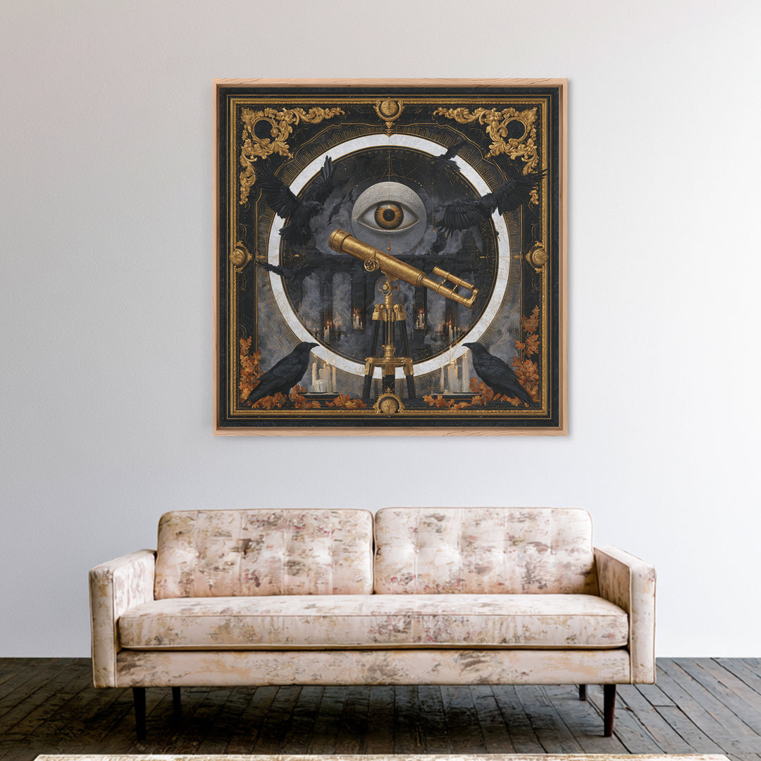 The Midnight Raven Observatory - Icon Portrait, Spooky Wall Decor, Square Wall Art, Framed Canvas Print, Halloween Home Decor