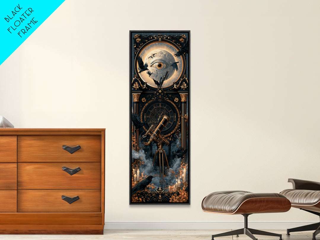 The Midnight Raven Observatory - Icon Portrait, Macabre Halloween Art, Tall Narrow Wall Art, Framed Canvas Print, Halloween Home Decor