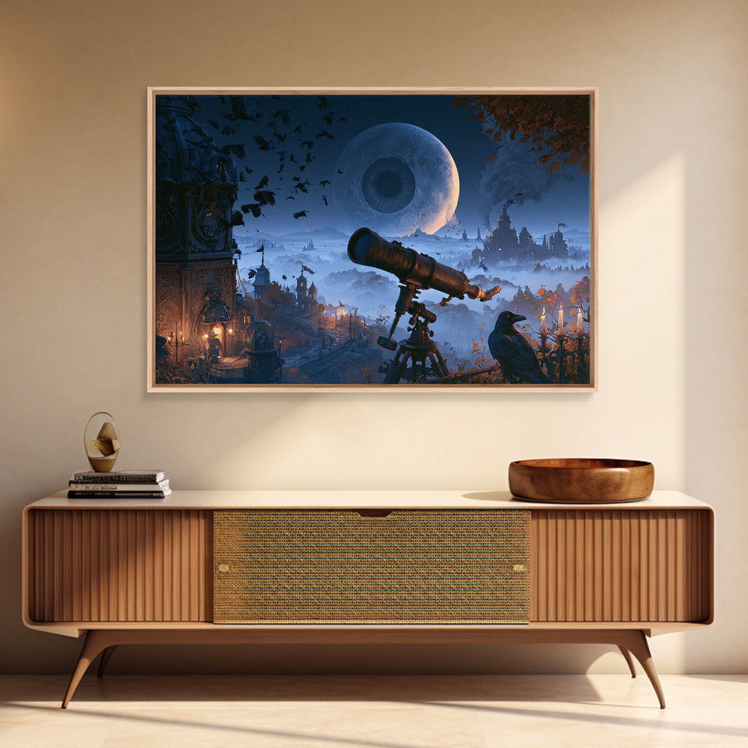 The Midnight Raven Observatory - Environmental Panorama, Halloween Wall Art, Landscape Wall Art, Framed Canvas Print, Halloween Home Decor