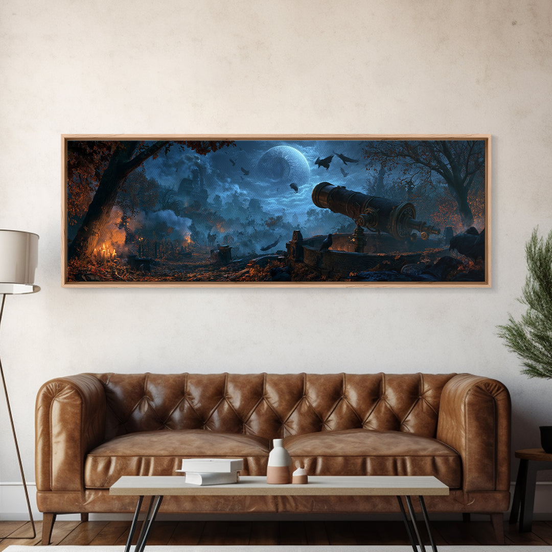 The Midnight Raven Observatory - Environmental Panorama, Gothic Home Decor, Extra Wide Wall Art, Canvas Print, Halloween Home Decor