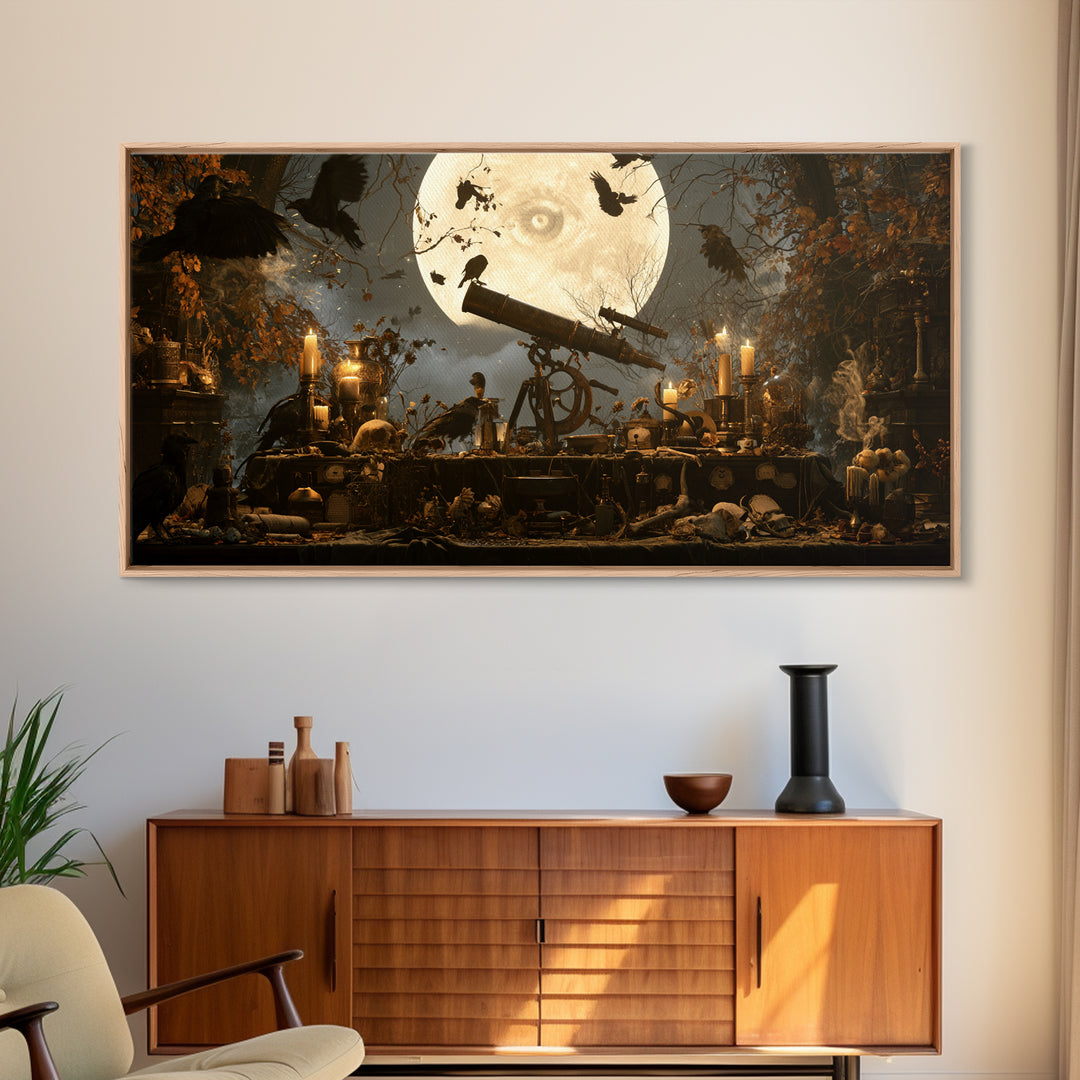 The Midnight Raven Observatory - Occult Still Life, Gothic Home Decor, Wide Panoramic Art, Canvas Print, Halloween Home Decor