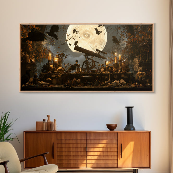 The Midnight Raven Observatory - Occult Still Life, Gothic Home Decor, Wide Panoramic Art, Canvas Print, Halloween Home Decor