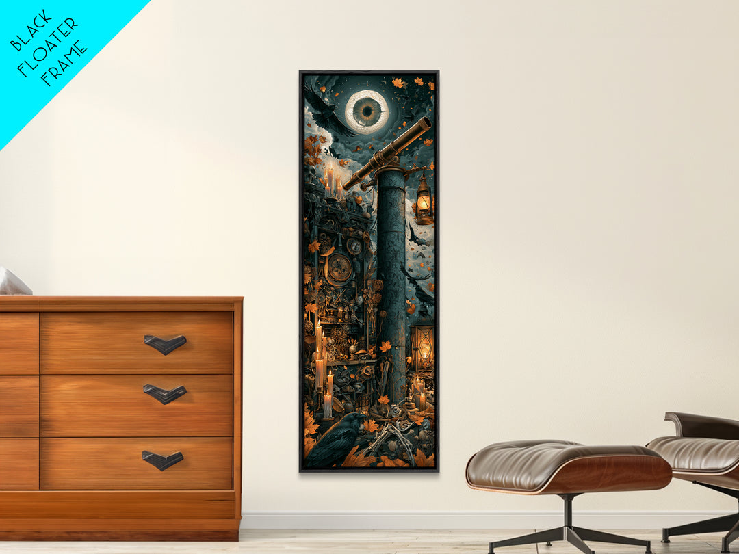 The Midnight Raven Observatory - Occult Still Life, Spooky Wall Decor, Tall Narrow Wall Art, Framed Canvas Print, Halloween Home Decor