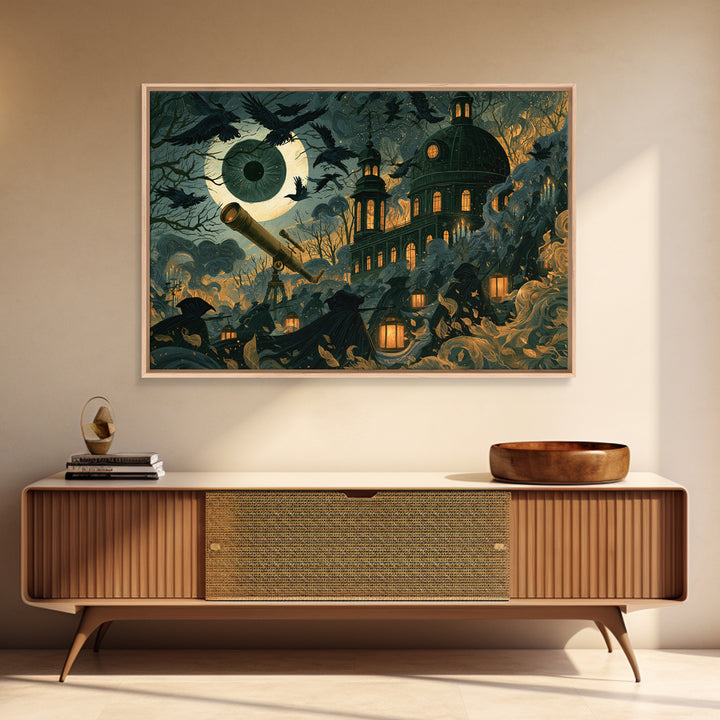 The Midnight Raven Observatory - Procession Scene, Halloween Wall Art, Landscape Wall Art, Framed Canvas Print, Halloween Home Decor