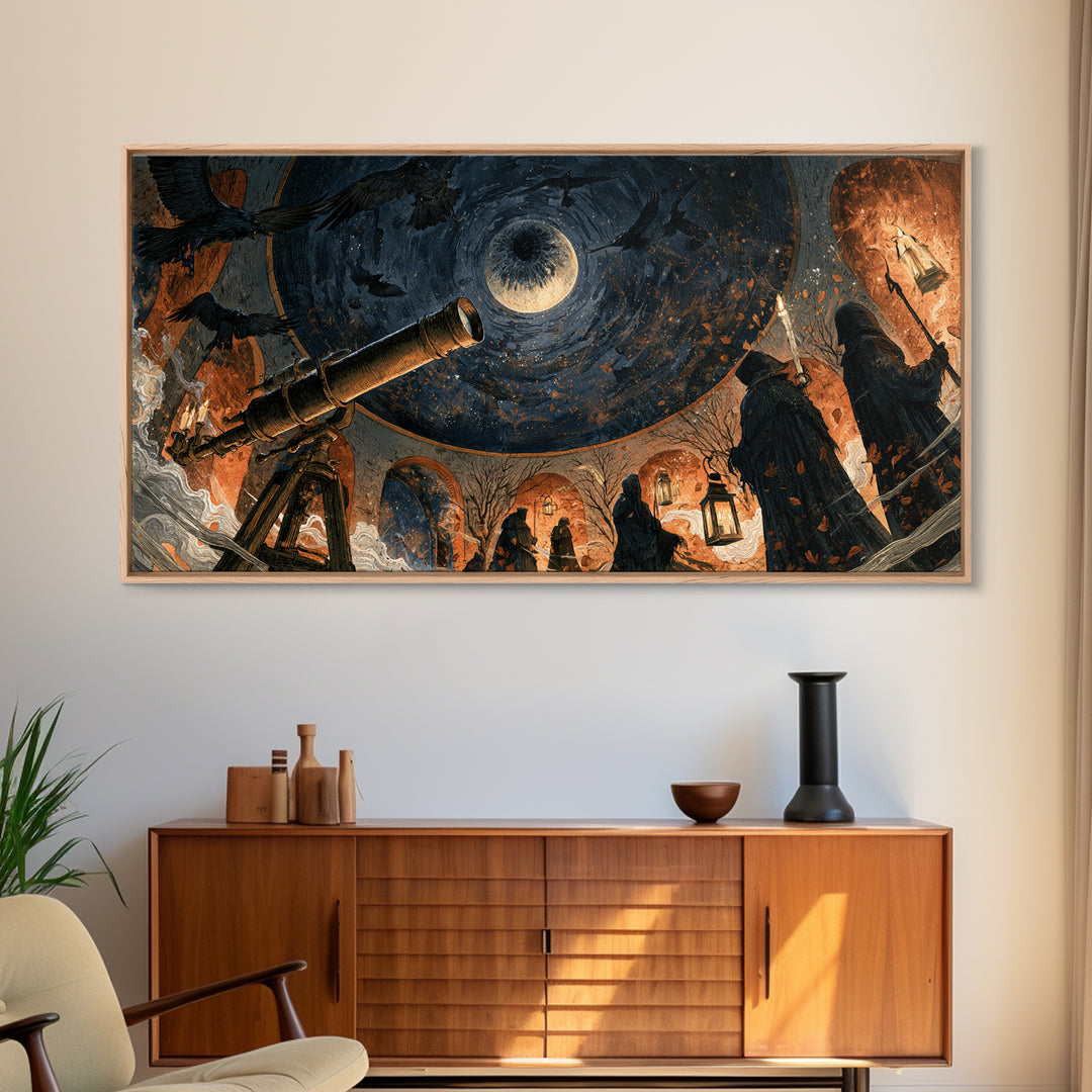The Midnight Raven Observatory - Procession Scene, Spooky Wall Decor, Wide Panoramic Art, Framed Canvas Print, Halloween Home Decor
