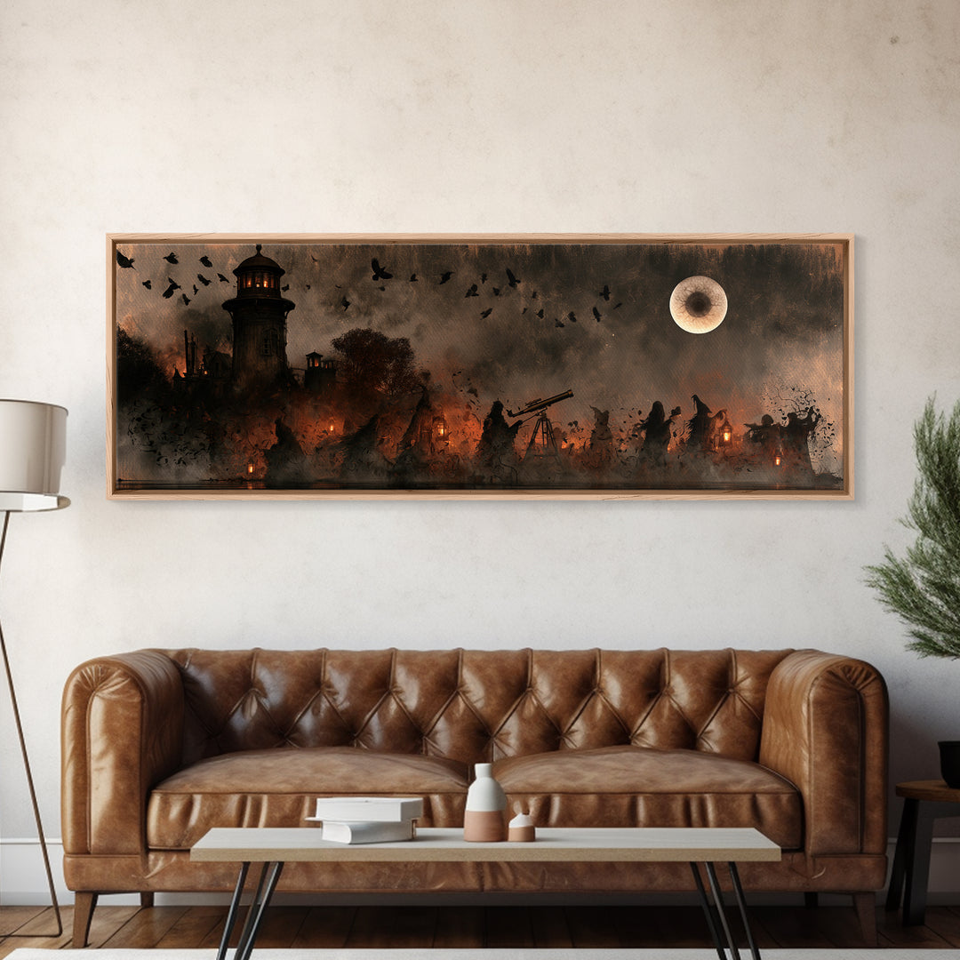 The Midnight Raven Observatory - Procession Scene, Macabre Halloween Art, Extra Wide Wall Art, Framed Canvas Print, Halloween Home Decor