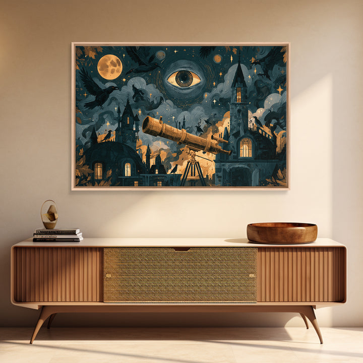 The Midnight Raven Observatory - Surreal Celestial Vision, Dark Fantasy Wall Art, Landscape Wall Art, Canvas Print, Halloween Home Decor