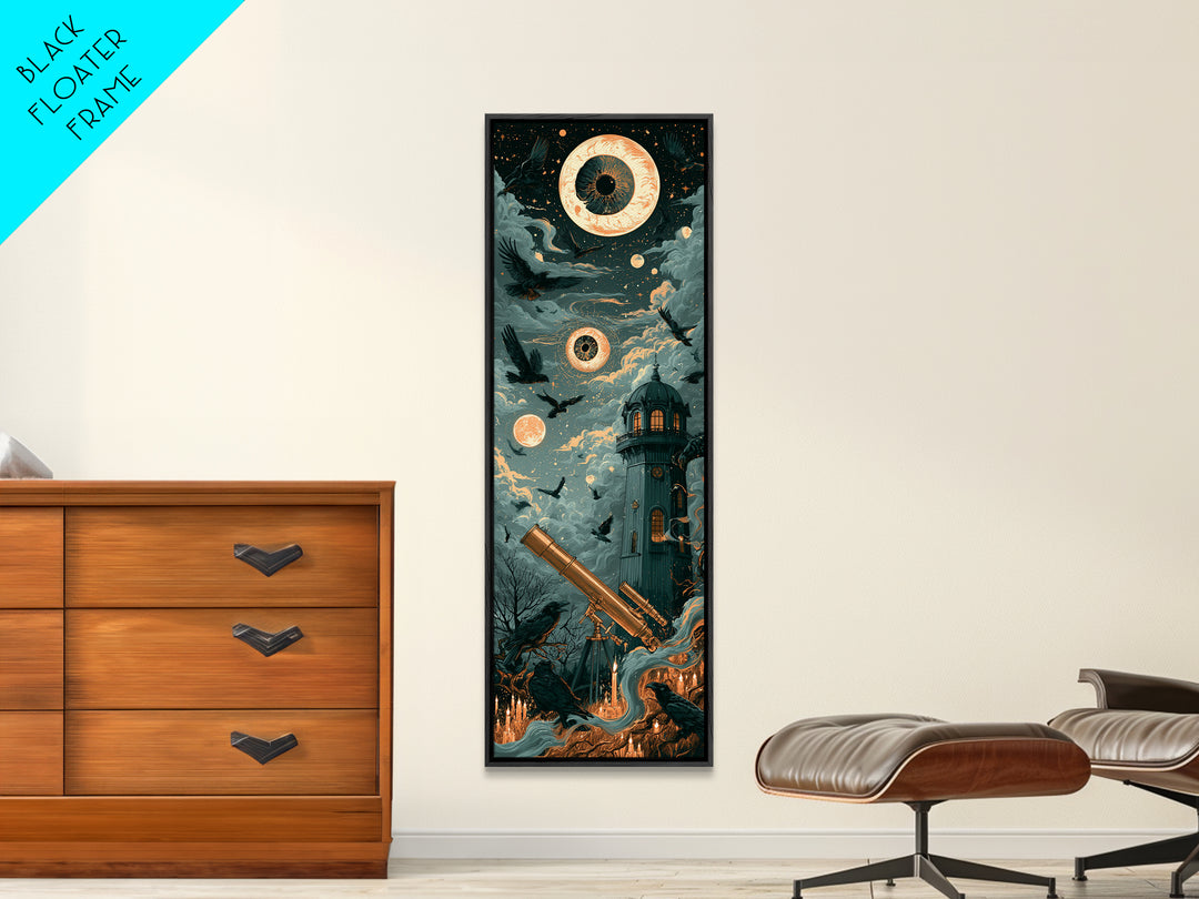 The Midnight Raven Observatory - Surreal Celestial Vision, Halloween Wall Art, Tall Narrow Wall Art, Framed Canvas Print, Gothic Wall Art