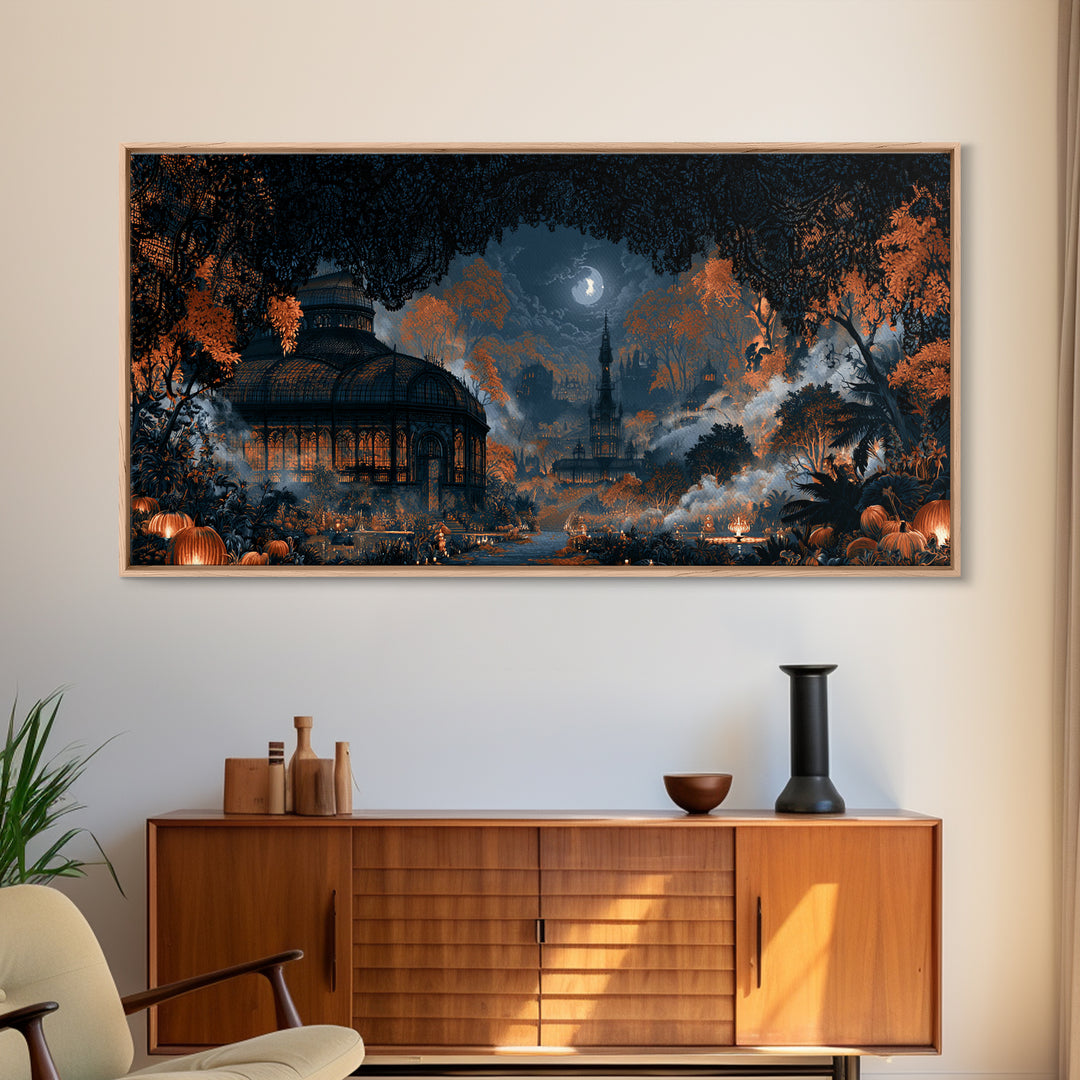 The Black Lace Haunted Conservatory - Environmental Panorama, Halloween Wall Art, Wide Panoramic Art, Framed Canvas Print, Gothic Wall Art