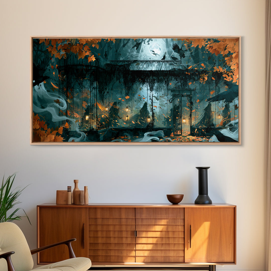 The Black Lace Haunted Conservatory - Procession Scene, Macabre Halloween Art, Wide Panoramic Art, Framed Canvas Print, Halloween Home Decor