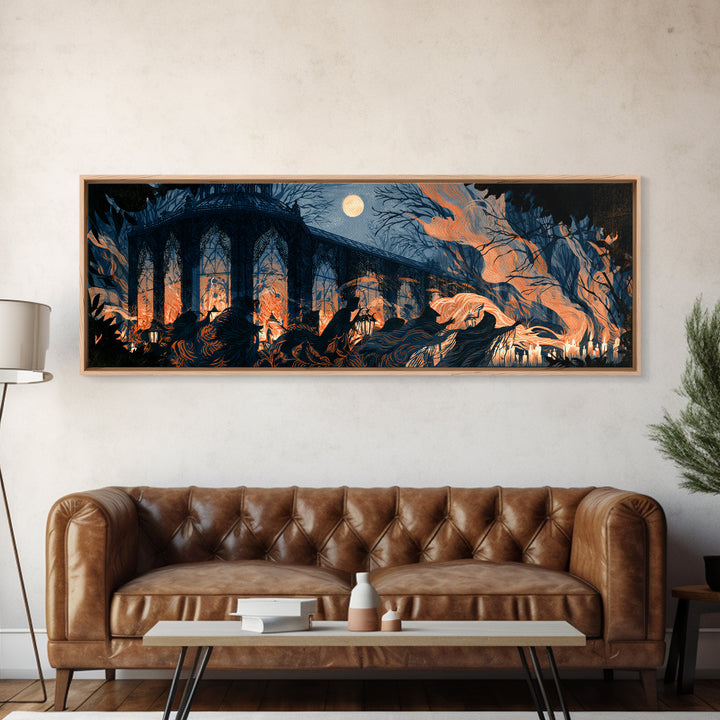 The Black Lace Haunted Conservatory - Procession Scene, Dark Fantasy Wall Art, Extra Wide Wall Art, Canvas Print, Halloween Home Decor