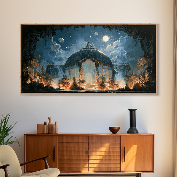 The Black Lace Haunted Conservatory - Surreal Celestial Vision, Occult Wall Decor, Wide Panoramic Art, Canvas Print, Halloween Home Decor