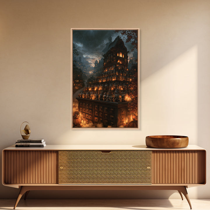 The Candlelit Skull Apothecary - Environmental Panorama, Halloween Wall Art, Vertical Wall Art, Framed Canvas Print, Halloween Home Decor