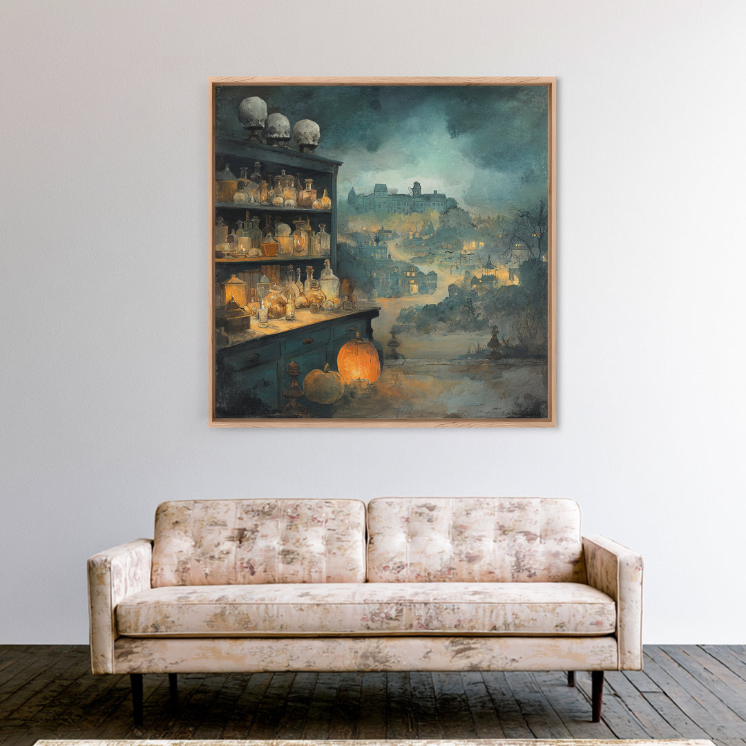 The Candlelit Skull Apothecary - Environmental Panorama, Dark Fantasy Wall Art, Square Wall Art, Canvas Print, Halloween Home Decor