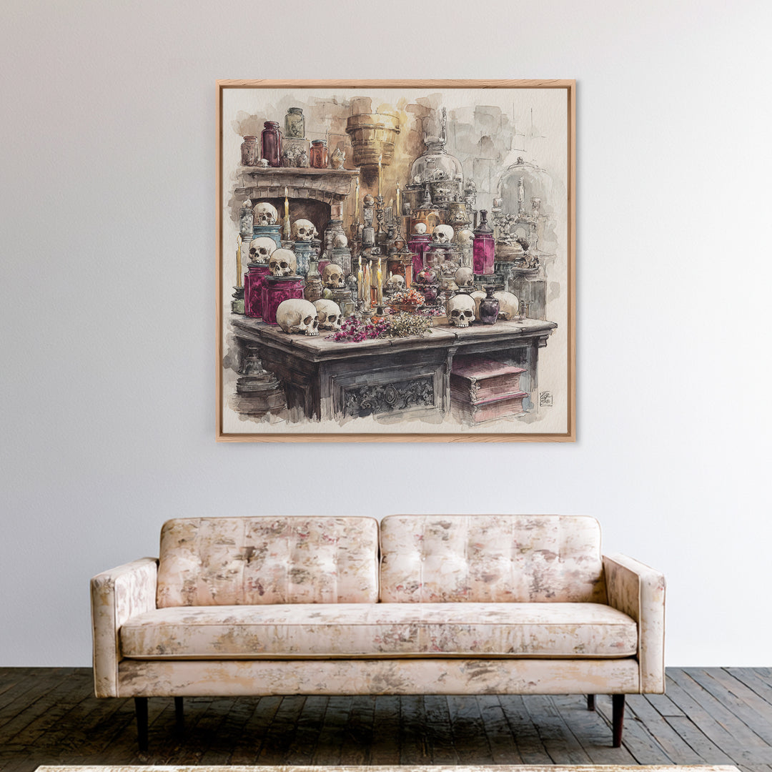 The Candlelit Skull Apothecary - Occult Still Life, Macabre Halloween Art, Square Wall Art, Framed Canvas Print, Halloween Home Decor