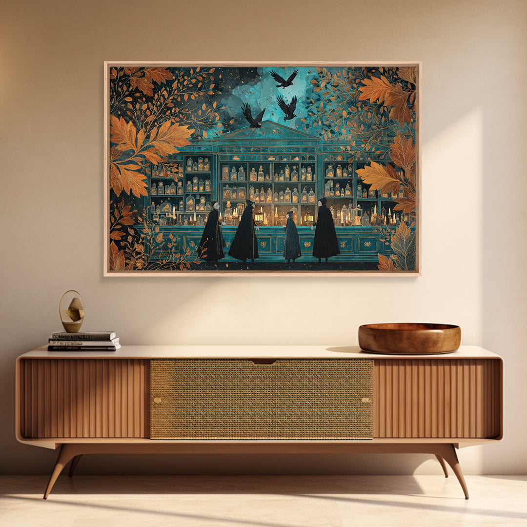 The Candlelit Skull Apothecary - Procession Scene, Spooky Wall Decor, Landscape Wall Art, Framed Canvas Print, Halloween Home Decor