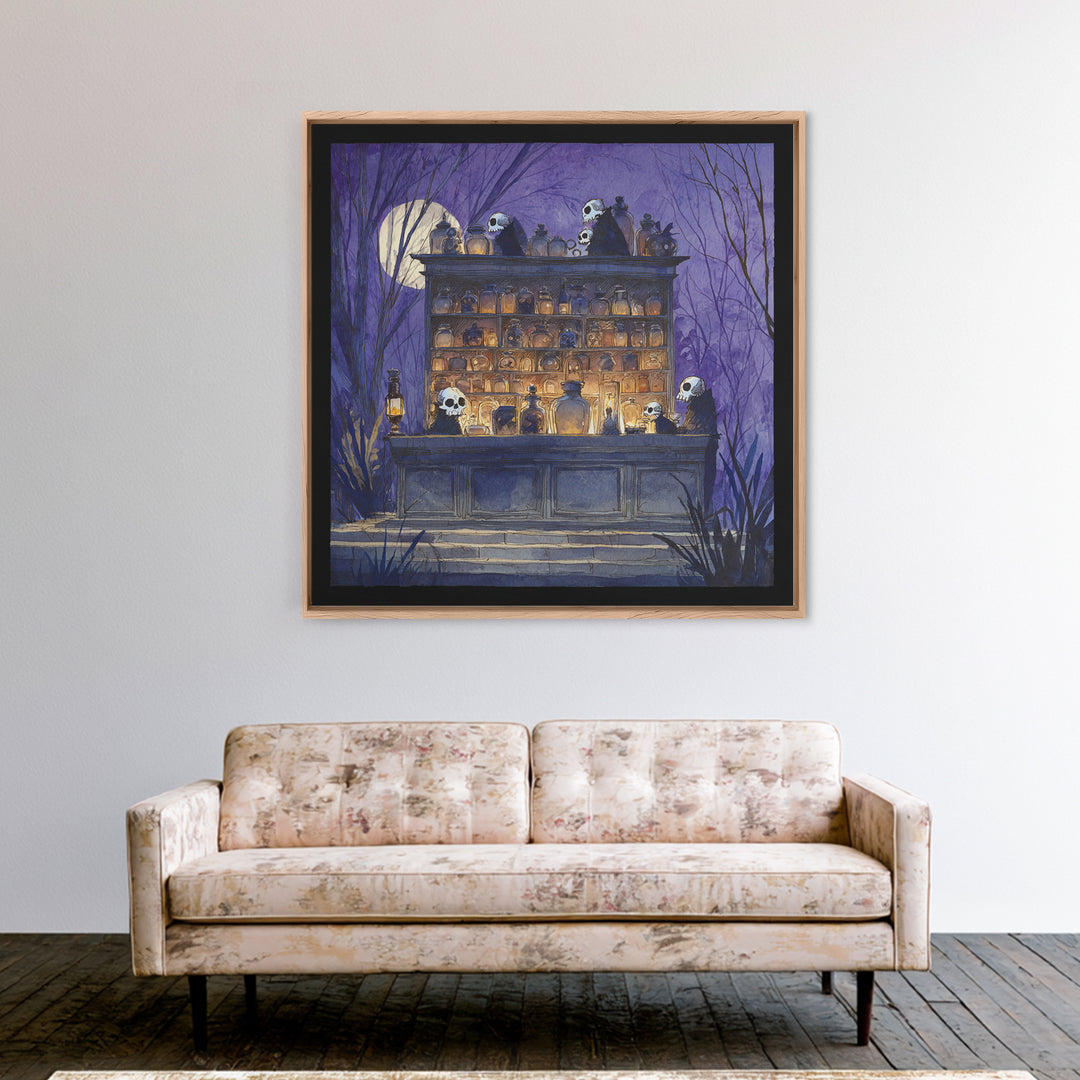 The Candlelit Skull Apothecary - Procession Scene, Macabre Halloween Art, Square Wall Art, Framed Canvas Print, Halloween Home Decor