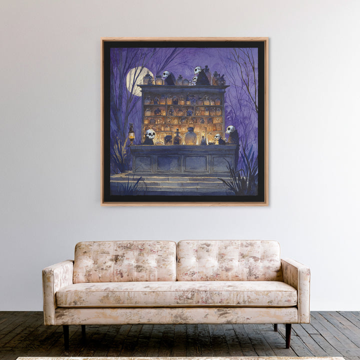 The Candlelit Skull Apothecary - Procession Scene, Macabre Halloween Art, Square Wall Art, Framed Canvas Print, Halloween Home Decor