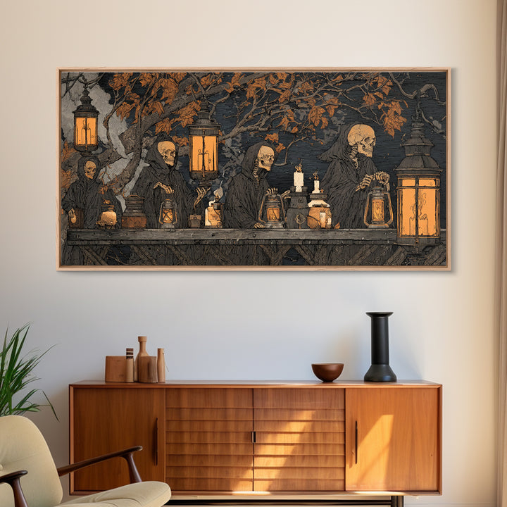 The Candlelit Skull Apothecary - Procession Scene, Spooky Wall Decor, Wide Panoramic Art, Framed Canvas Print, Halloween Home Decor