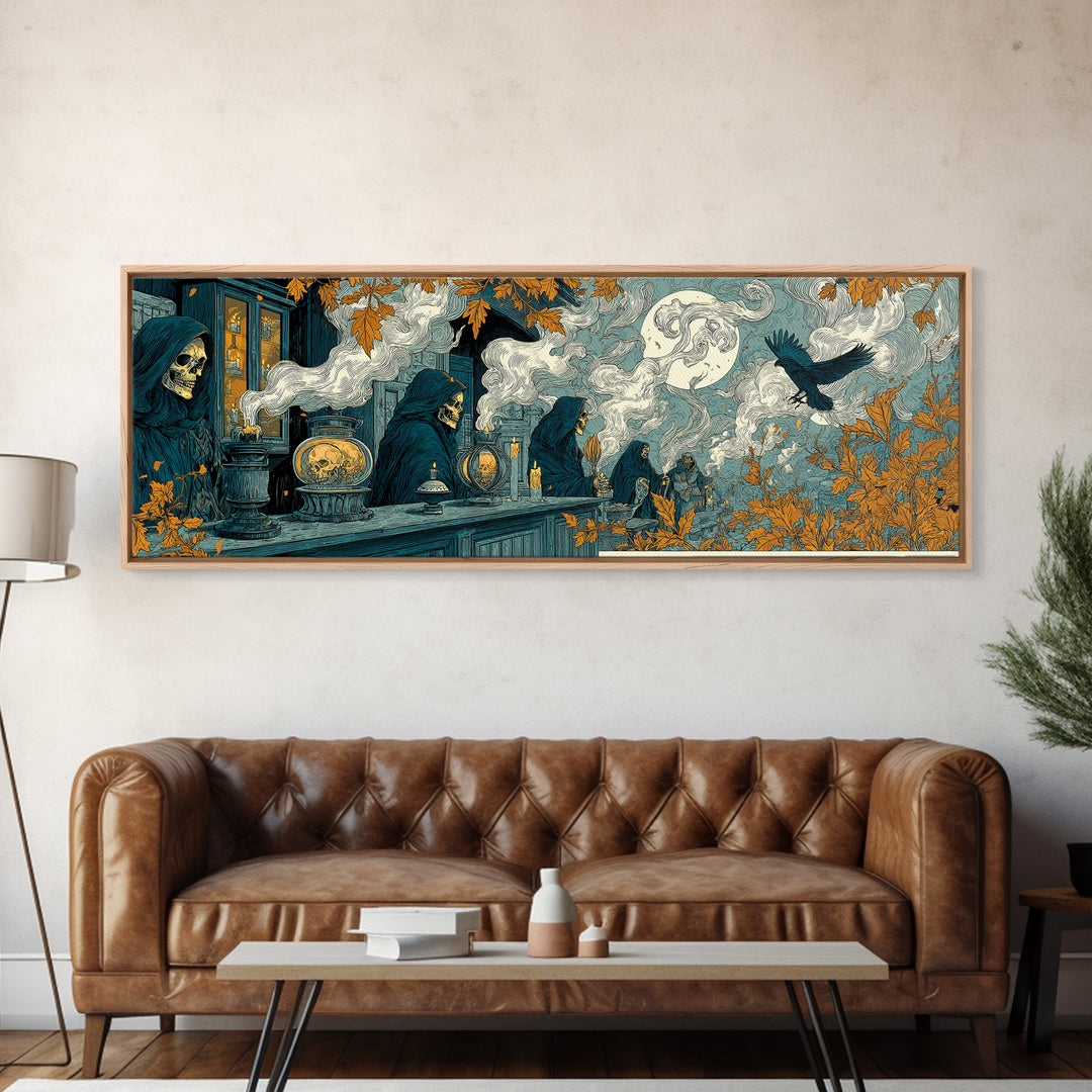 The Candlelit Skull Apothecary - Procession Scene, Macabre Halloween Art, Extra Wide Wall Art, Framed Canvas Print, Halloween Home Decor