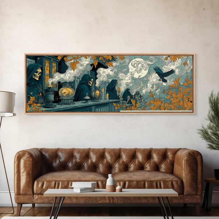 The Candlelit Skull Apothecary - Procession Scene, Macabre Halloween Art, Extra Wide Wall Art, Framed Canvas Print, Halloween Home Decor