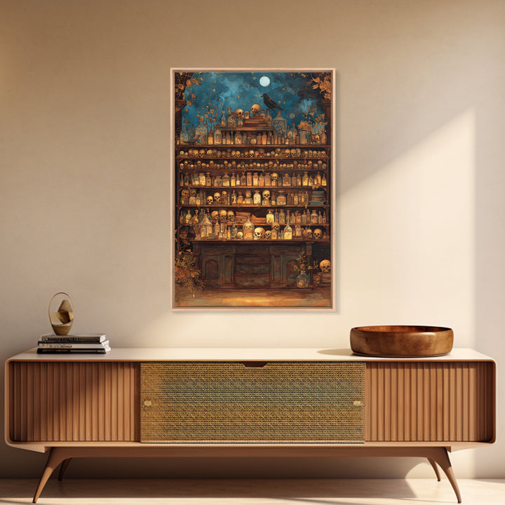 The Candlelit Skull Apothecary - Surreal Celestial Vision, Spooky Wall Decor, Vertical Wall Art, Framed Canvas Print, Halloween Home Decor